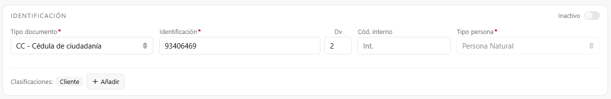Tarjeta Identificación con el tipo de documento, el número y el Dv calculado