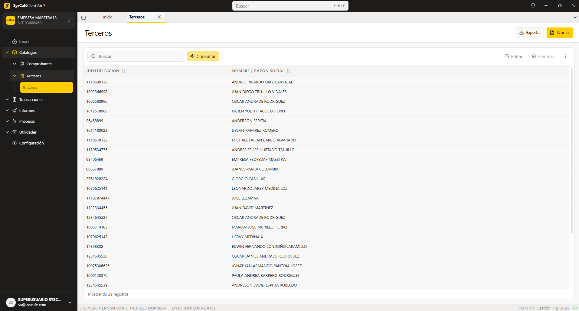 Lista de terceros con el buscador y los botones Exportar y Nuevo