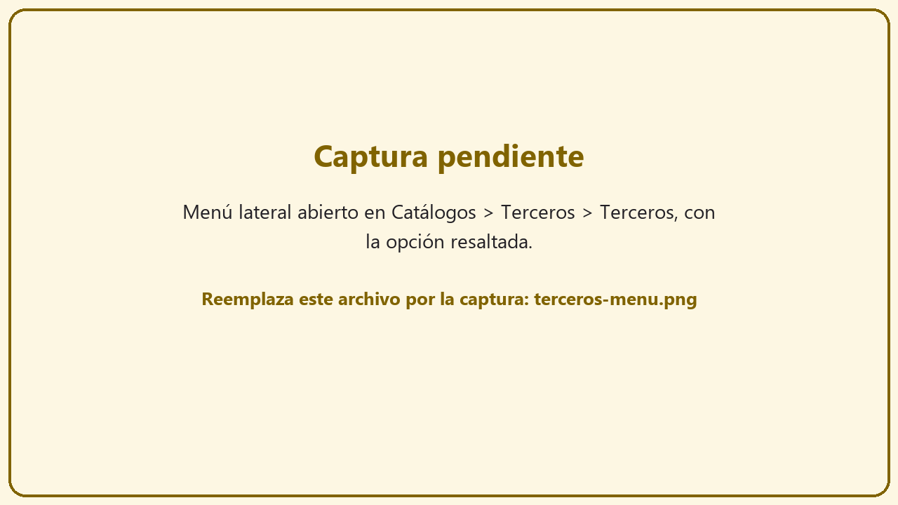 Menú lateral con la opción Catálogos, Terceros, Terceros resaltada